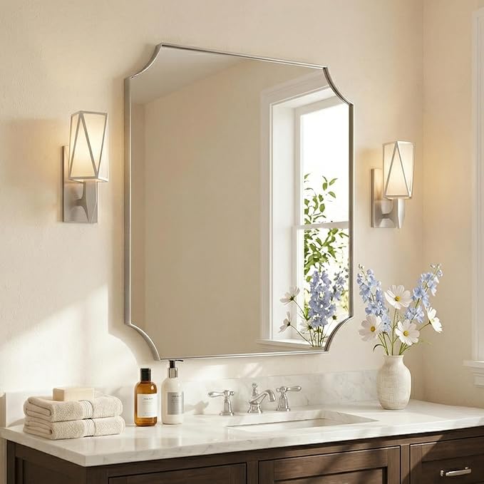 36"x40" Brushed Nickel Scalloped Bathroom Mirror | Anti-Rust Stainless Steel Frame 1" Deep, Unique Scalloped Edge Design, Ultra-HD Clarity, Hangs Vertically & Horizontally