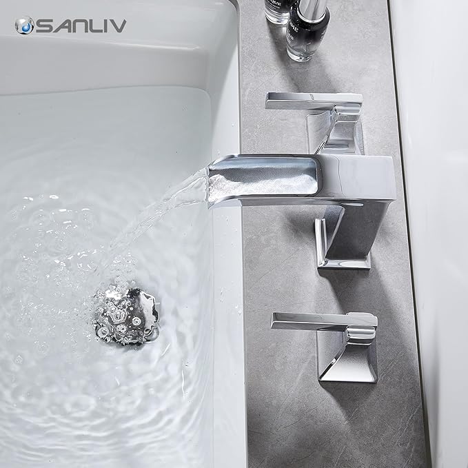 Chrome Bathroom Sink Faucet,Sanliv 3-Piece Widespread Bathroom Faucets for 3-Hole Sinks 4-8 inch,2-Handle Waterfall Vanity Faucet with Drain Assembly,Polished Chrome