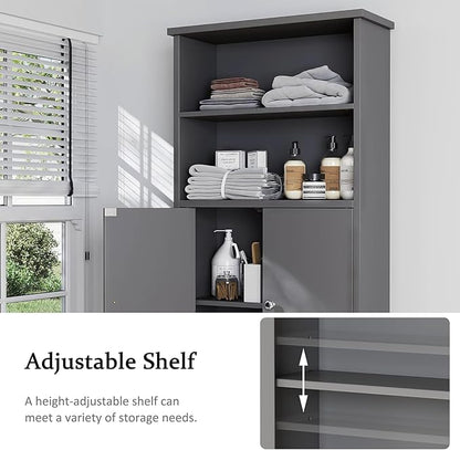 Over the Toilet Storage Cabinet for Bathroom, 75in Over Toilet Cabinet Freestanding Storage Organizer, Space Saver with Doors and Adjustable Shelf, Grey