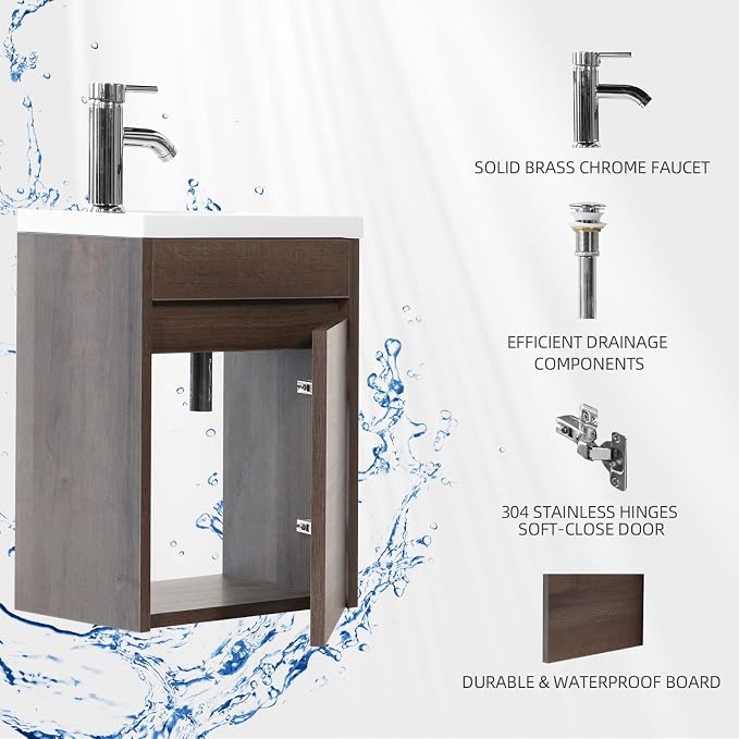 wonline 16” Bathroom Vanity Sink Combo for Small Space Wall Mounted Cabinet Set Design White Resin Basin Sink Top Chrome Faucet Wood Color