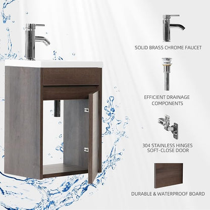 wonline 16” Bathroom Vanity Sink Combo for Small Space Wall Mounted Cabinet Set Design White Resin Basin Sink Top Chrome Faucet Wood Color