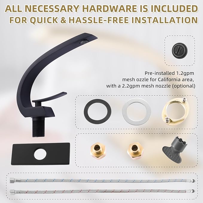 Matte Black Bathroom Sink Vanity Elegance Swan Faucet for 1 Hole with 6-Inch 3 Hole Deckplate,Rikaziya Bathroom Fixtures Basin Mixer Faucets Centerset with 9/16" Supply Hose and to 1/2" Adapter Combo