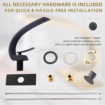 Matte Black Bathroom Sink Vanity Elegance Swan Faucet for 1 Hole with 6-Inch 3 Hole Deckplate,Rikaziya Bathroom Fixtures Basin Mixer Faucets Centerset with 9/16" Supply Hose and to 1/2" Adapter Combo