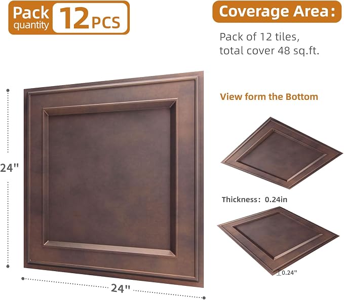 WOWSTAR 12-Pack 24"x24" Drop Ceiling Tiles, Waterproof Glue up Ceiling Panels, Modern Style 3D Wall Panels, Antique Copper | PVC ceiling panels, 24"x24", waterproof, glue-up install, basement kitchen bathroom, 12-pack, set C