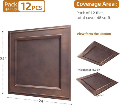 WOWSTAR 12-Pack 24"x24" Drop Ceiling Tiles, Waterproof Glue up Ceiling Panels, Modern Style 3D Wall Panels, Antique Copper | PVC ceiling panels, 24"x24", waterproof, glue-up install, basement kitchen bathroom, 12-pack, set C