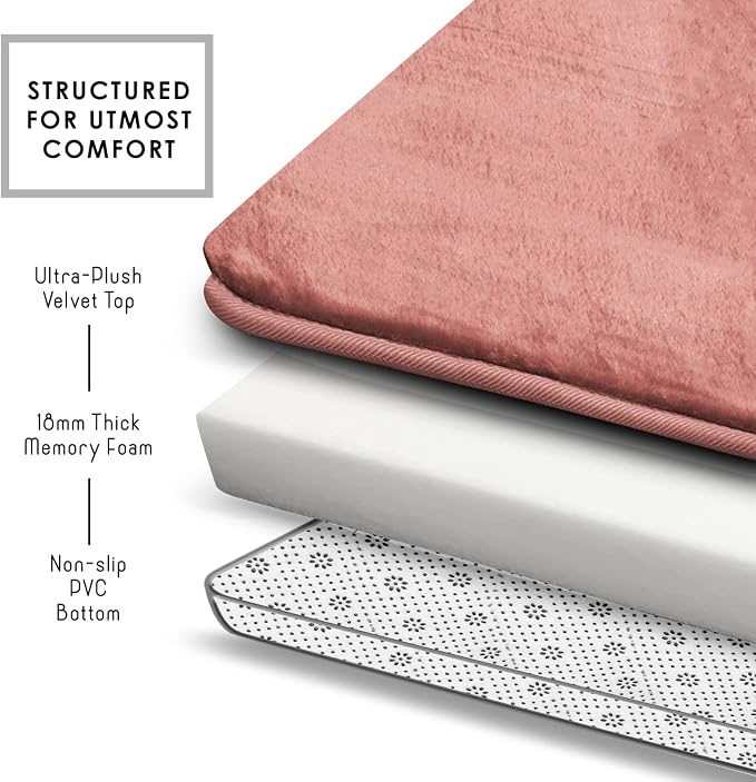 Clara Clark Bathroom Rugs, Velvet Memory Foam Bath Mat, Non-Slip, Machine Washable Bath Rugs - Dries Quickly, Ultra Soft Plush Bath Mats for Bathroom, 17 x 24, Misty Rose