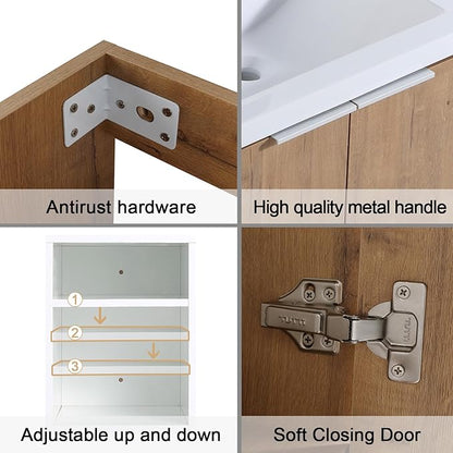 SSLine 84-Inch Double Sink Vanity Modern Wall Mounted Bathroom Vanity with Double Sink 84" Large Floating Bathroom Vanities Set with White Open Storage Shelf & 1 Side Cabinet,Brown White