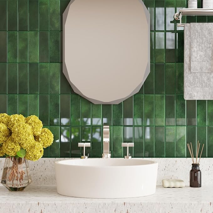 CRE8TIVE 4 Sheets Green Straight Linear Peel and Stick Backsplash Stick on Tiles for Kitchen Bathroom Green Wall Tile Stickers Waterproof 12"x12" Renter Friendly Self Adhesive Kitchen Backsplash Tiles