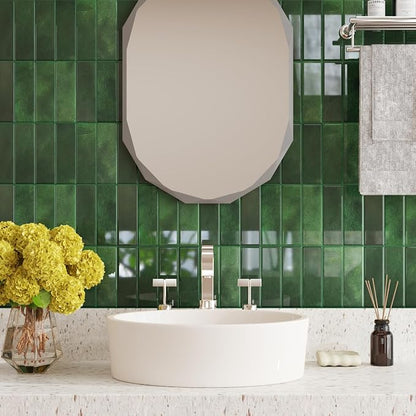CRE8TIVE 4 Sheets Green Straight Linear Peel and Stick Backsplash Stick on Tiles for Kitchen Bathroom Green Wall Tile Stickers Waterproof 12"x12" Renter Friendly Self Adhesive Kitchen Backsplash Tiles