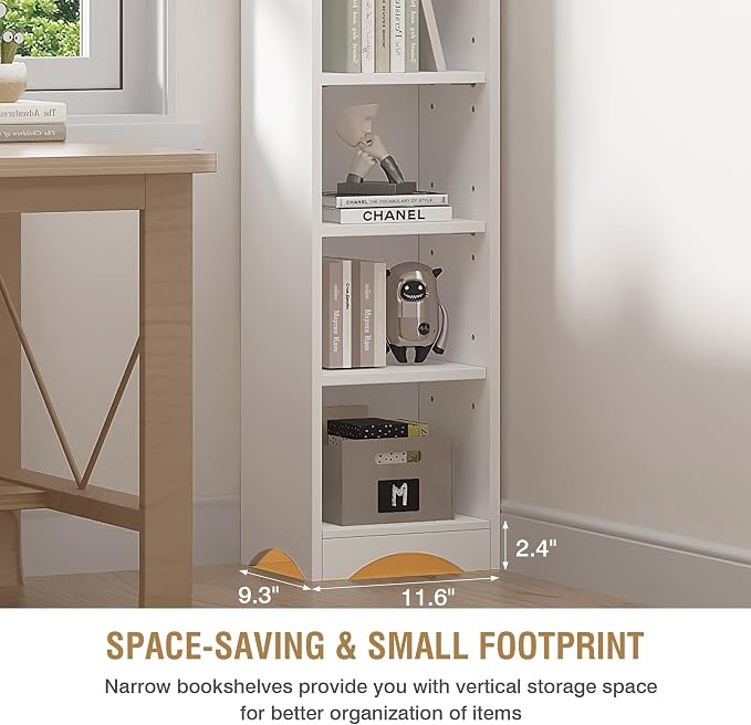 VECELO Curved Top Narrow Tall Bookshelf, 6 Adjustable Movable Shelves, Wood Space Saving Corner Storage Organizer, Pearl White