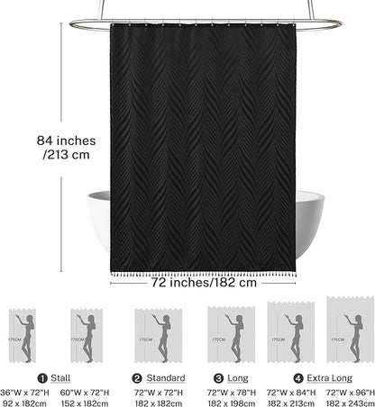 Extra Long Black Boho Shower Curtain Woven Fabric Cute 84 Inch Shower Curtain, 72 x 84 Tufted Leaves Textured Striped Modern Farmhouse Minimalist Cloth Shower Curtain for Bathroom