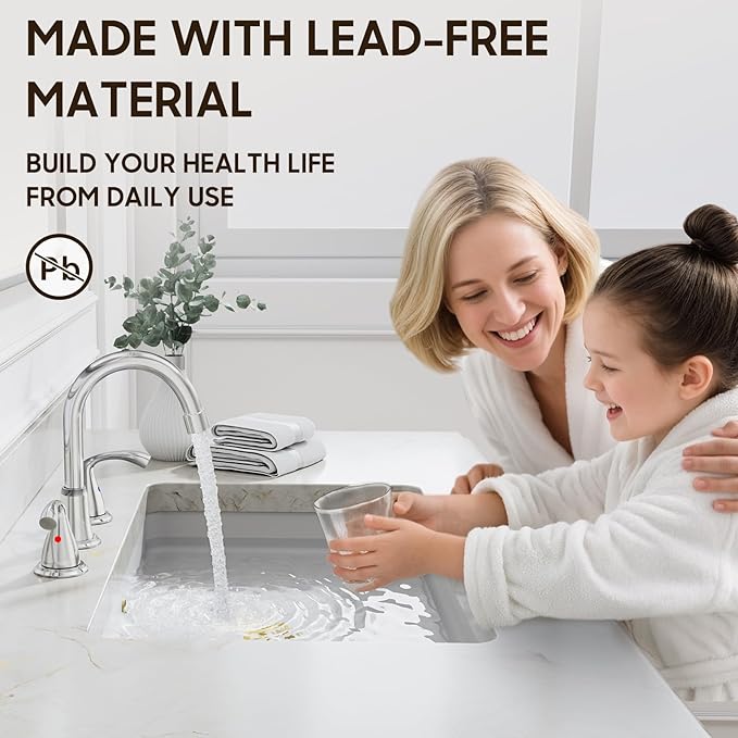 Phiestina 8 Inch Widespread Chrome Bathroom Sink Faucet, 2 Handle 3 Hole Bathroom Faucet with Metal Pop up Drain and Water Supply Lines, WFJC180-C