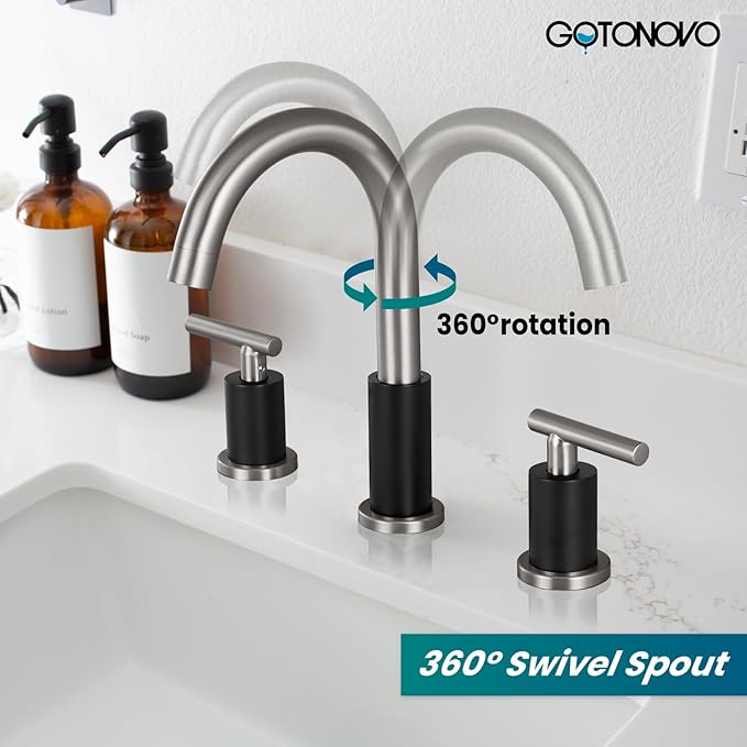 gotonovo 3 Hole 2 Handles Lavatory Basin Bathroom Sink Faucet with Pop Up Drain with Hot and Cold Mixer Valves 8 Inch Widespread Bathroom Faucet Black & Brushed Nickel
