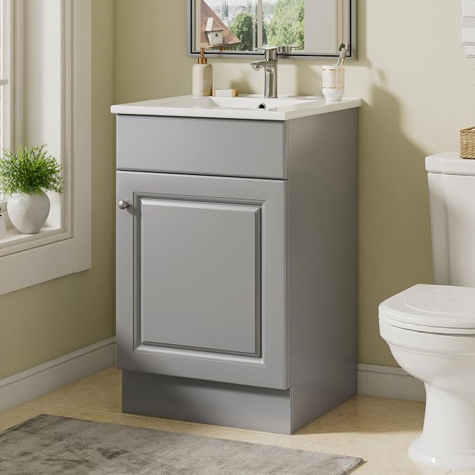 Christopher Knight Home Vanes Wood Frame 20" Bathroom Vanity with Ceramic Sink, Cabinet with Soft-Closing Door Shelf and Adjustable Shelf, Open Back, Metal Hardware, Storage/Organizer, Gray