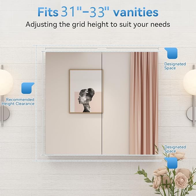 Sunrosa Aluminum Bathroom Medicine Cabinet with Mirror Door, 30"×27.5" Bathroom Mirror Cabinet, Wall-mountable and Recessed-in Mirror Cabinet, 2 Doors Medicine Cabinet Organizer