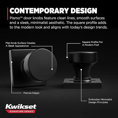 Kwikset Pismo Interior Passage Door Knob, Handle For Closet and Hallway Doors, Non-Locking Doorknob in Matte Black, with Microban Protection