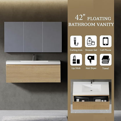 Modern 42'' Floating Bathroom Vanity Sink Combo, Wall-Mounted Striped Cabinet with Soft-Close Drawer, Double Glossy White Basins, Natural Oak Finish - Elegant Storage Solution