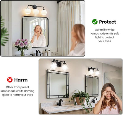 RUIYEY Bathroom Vanity Light Fixtures: 3-Light Lantern Black Vanity Lights for Bathroom Over Mirror, Farmhouse Wall Sconce Lighting with Frosted Milky Glass for Kitchen (Exclude Bulb)