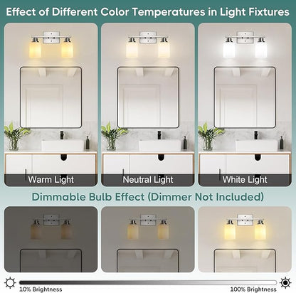 Ascher Bathroom Light Fixtures, 2-Light Vanity Light Over Mirror, Brushed Nickel Wall Sconces with Milky White Frosted Glass Shades, Wall Lamp for Living Room Bedroom, E26 Base(Bulbs Not Included)