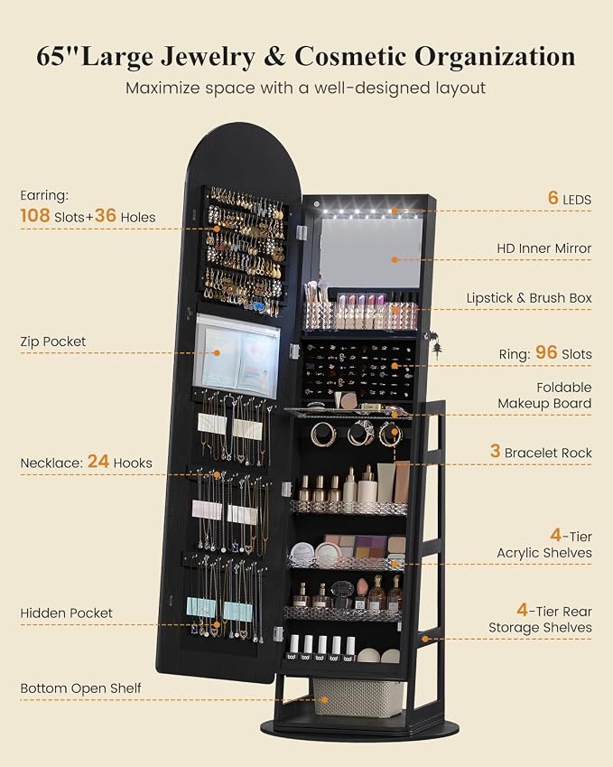 LVSOMT LED Arched Mirror Jewelry Cabinet Standing, Lockable Jewelry Armoire | 360° Swivel Full-Length Mirror with Storage, Large Jewelry Organizer Mirror, Foldable Makeup Shelf, Gift for Women, BlackWood
