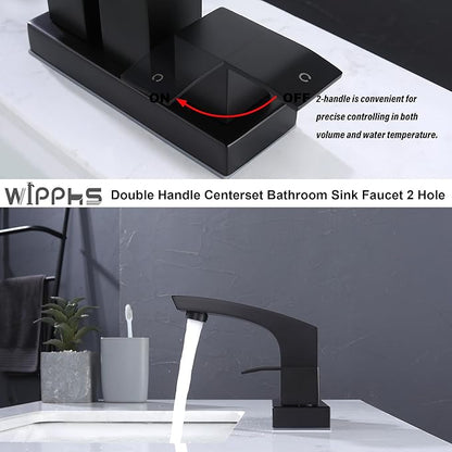 Centerset Bathroom Faucet, Stainless Steel Black Sink Faucet Bathroom with Pop Up Drain and cUPC Supply Hose, 2 Handle 4 inch Center-Set Bathroom Sink Faucet Matte Black 2 Hole