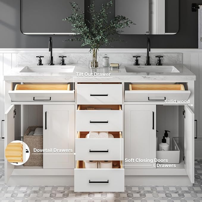ARIEL Hepburn 60-inch Bathroom Vanity Base Cabinet,Solid Wood, 4 Soft Closing Doors, 6 Dovetail Drawers, White