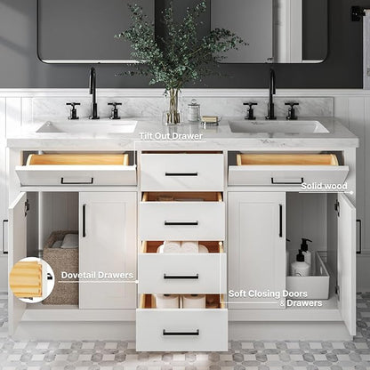 ARIEL Hepburn 60-inch Bathroom Vanity Base Cabinet,Solid Wood, 4 Soft Closing Doors, 6 Dovetail Drawers, White