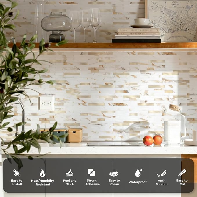 STICKGOO Peel and Stick Backsplash Tile, Stick on Backsplash for Kitchen and Bathroom, Calacatta Gold Marble Look PVC Mixed Metal Gold Self Adhesive Wall Tiles(10 Sheets)