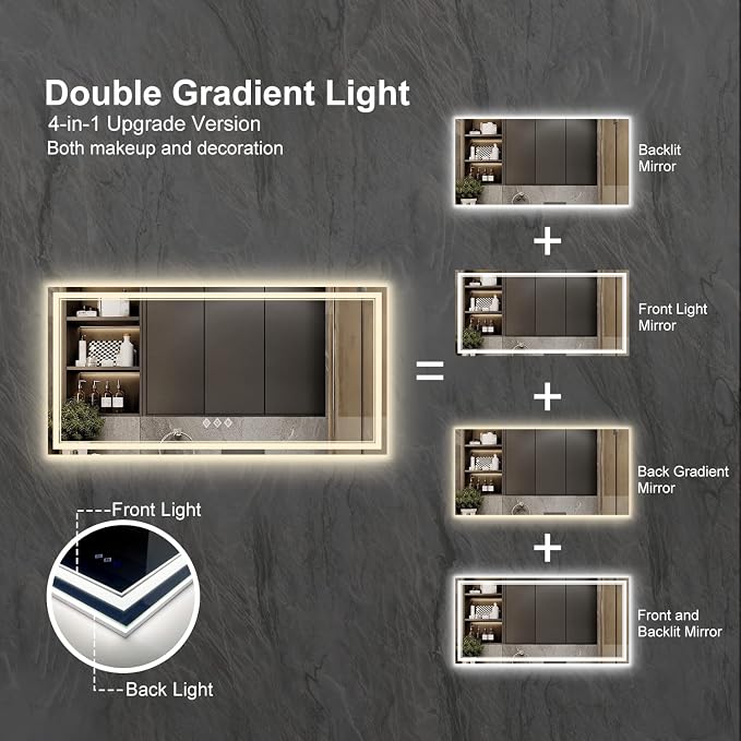 LED Bathroom Mirror with Lights, 72x36 Inch Gradient Front and Backlight LED Mirror, 3 Colors Dimmable CRI>90 Double Light, IP54 Enhanced Anti-Fog, Hanging Plates Wall Mount Bathroom Mirror