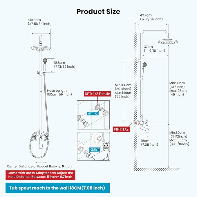 gotonovo Exposed Bathroom Shower Faucet Wall Mounted Shower System 8 Inch Shower Head and Tub Spout Double Cross Handles Adjustable Handheld Sprayer Straight Pipe Oil Rubbed Bronze