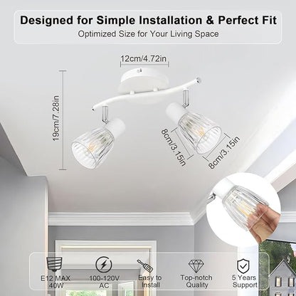 HiBay 2-Light Track Lighting, Adjustable Modern Ceiling Light Fixture White | with Glass Shades, Flush Mount Wall Spotlight Indoor for Kitchen, Bedroom, Living Room, E12 Base, No Bulbs
