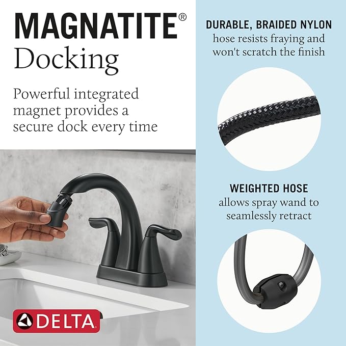 Delta Arvo Centerset Matte Black Bathroom Faucet with Sprayer, 4 Inch 3 Hole Bathroom Sink Faucet with Pull Out Sprayer, Push-Pop Drain, Matte Black 25840LF-BLPD