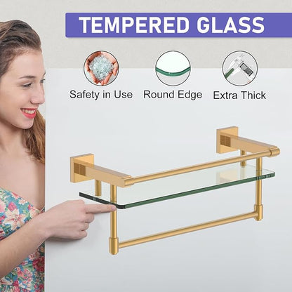 Bathroom Glass Shelf Brushed Gold Finish with Towel Rack, SUS304 Stainless Steel, 16-inch Tempered Glass Shelves for Wall