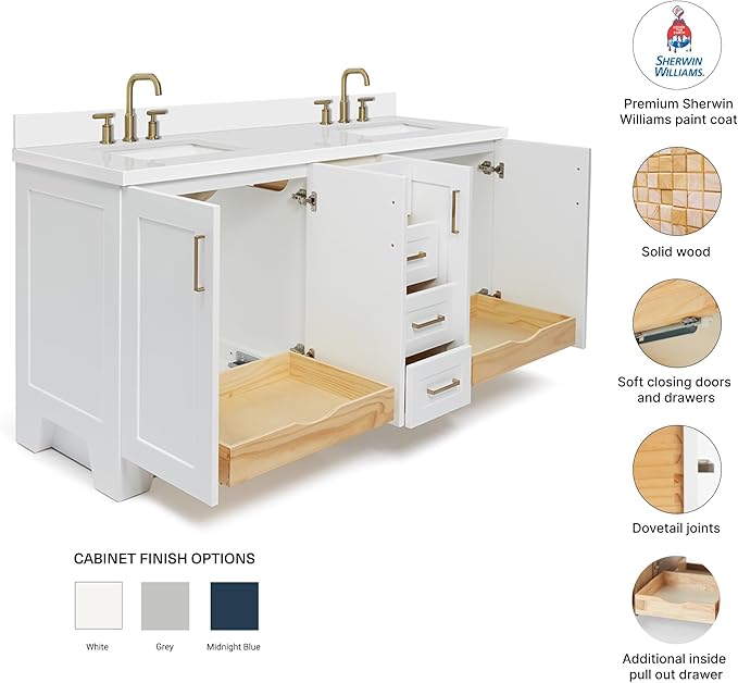 DKB Emilia 72 Inch Bathroom Vanity Double Sink — White Bathroom Vanity with Sink, 1.5" Edge Pure White Quartz Countertop & Backsplash, 4 Soft-Close Doors, and 6 Dovetail Drawers