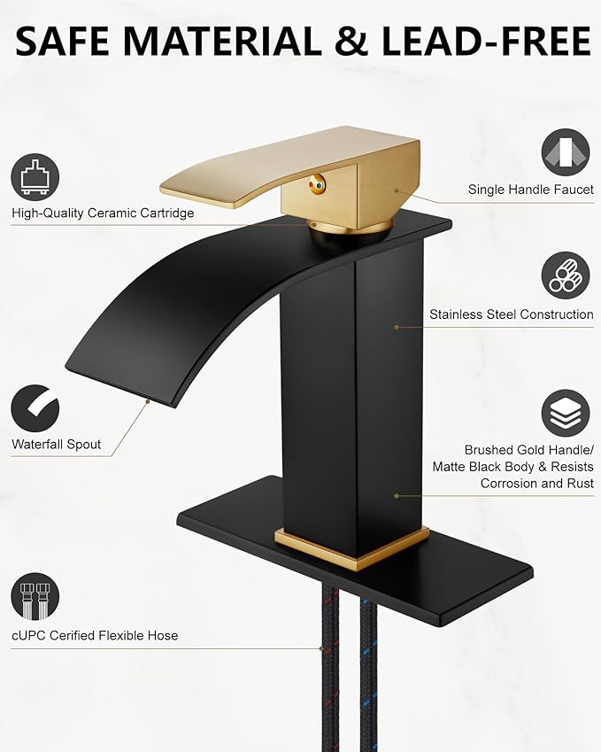 Midanya Bathroom Faucet with Waterfall Spout, Single Hole or 3-Hole Deck Mount, 304 Stainless Steel Sink Faucet with Pop-Up Drain, RV Vanity Compatible,Brushed Gold Handle/Matte Black