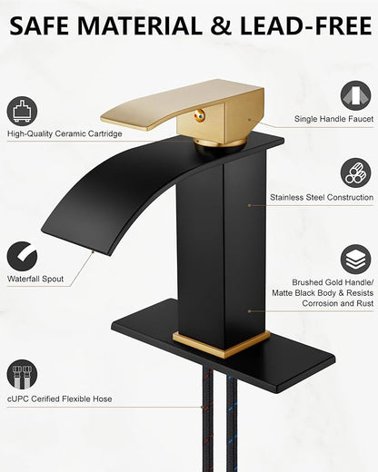 Midanya Bathroom Faucet with Waterfall Spout, Single Hole or 3-Hole Deck Mount, 304 Stainless Steel Sink Faucet with Pop-Up Drain, RV Vanity Compatible,Brushed Gold Handle/Matte Black