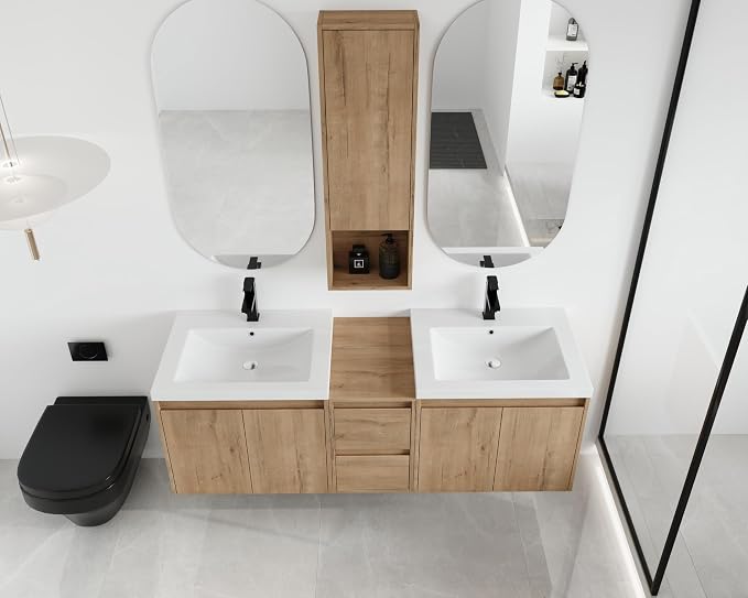 60'' Floating Bathroom Vanity with Double Sink, and 1 Side Cabinet, Brown | Double Sink Combo with 12" Side Cabinet, Plywood Cabinet, Resin Basin, Ample Storage, Soft-close Hinge, Assembly Required