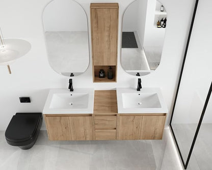 60'' Floating Bathroom Vanity with Double Sink, and 1 Side Cabinet, Brown | Double Sink Combo with 12" Side Cabinet, Plywood Cabinet, Resin Basin, Ample Storage, Soft-close Hinge, Assembly Required