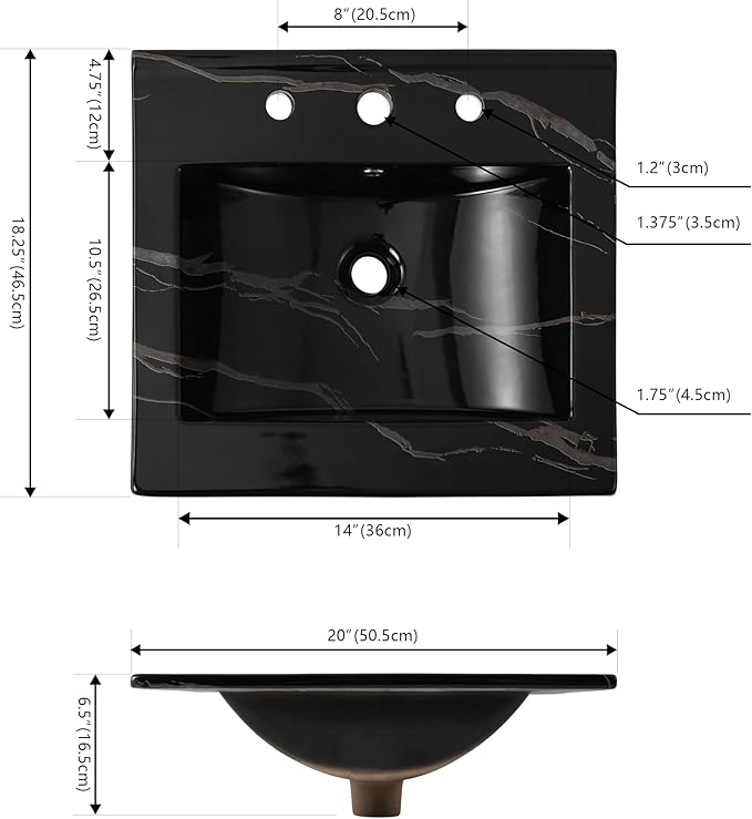 JONATHAN Y SNK1000D Ancillary 3-Hole 20 in. W x 18.25 in. D Classic Contemporary Rectangular Ceramic Single Sink Basin Vanity Top, Black Marble Effect