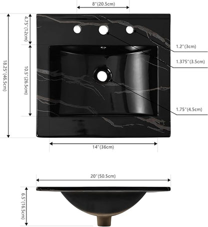 JONATHAN Y SNK1000D Ancillary 3-Hole 20 in. W x 18.25 in. D Classic Contemporary Rectangular Ceramic Single Sink Basin Vanity Top, Black Marble Effect