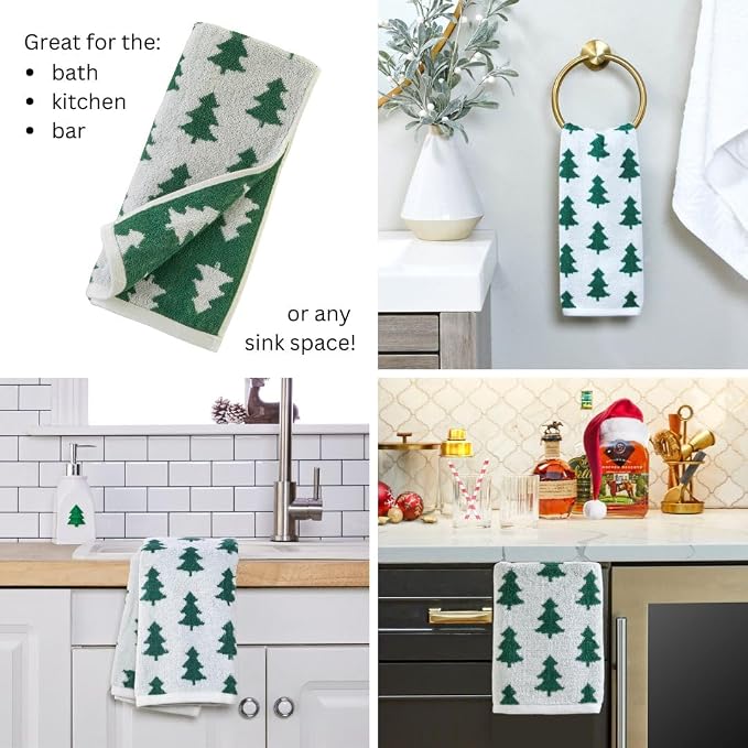 SKL Home Christmas/Winter Holiday Trees Hand Towel Set-2pc, Green/White | 100% Cotton. 500 GSM. Soft & absorbent. Reversible jacquard pattern. Great for the bathroom, kitchen or bar & gifting.