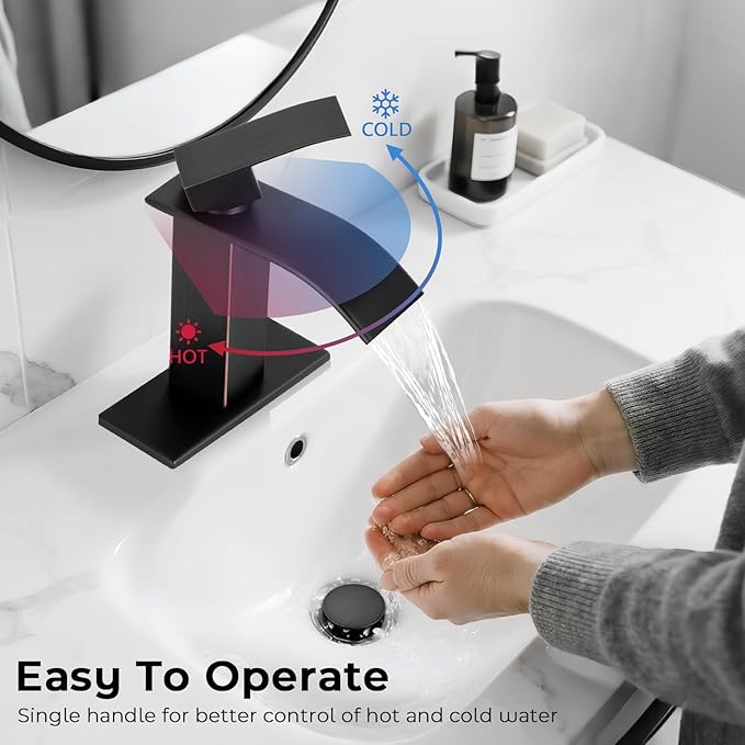 ORB Bathroom Faucets, Waterfall Bathroom Sink Faucet Single Handle Bathroom Faucet for 1 or 3 Hole, Mixer Tap Vanity Faucet with Deck Plate, Pop-up Drain and Supply Hoses