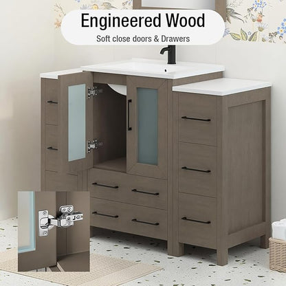 HOMEBEYOND 48 Inch Modern Bathroom Vanity with Sink & Mirror, Single Vanity Cabinet with Basin and Mirror, Dove-Tailed Drawers, Soft-Closing Doors, Wood, Driftwood Gray