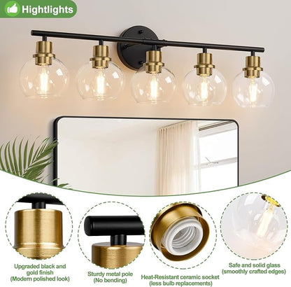 5-Light Bathroom Vanity Light, Black and Gold Bathroom Light Fixtures with Clear Glass Globe Shades, Modern Vanity Lighting Over Mirror for Bathroom, Kitchen, Living Room, Hallway, Bedroom, Porch