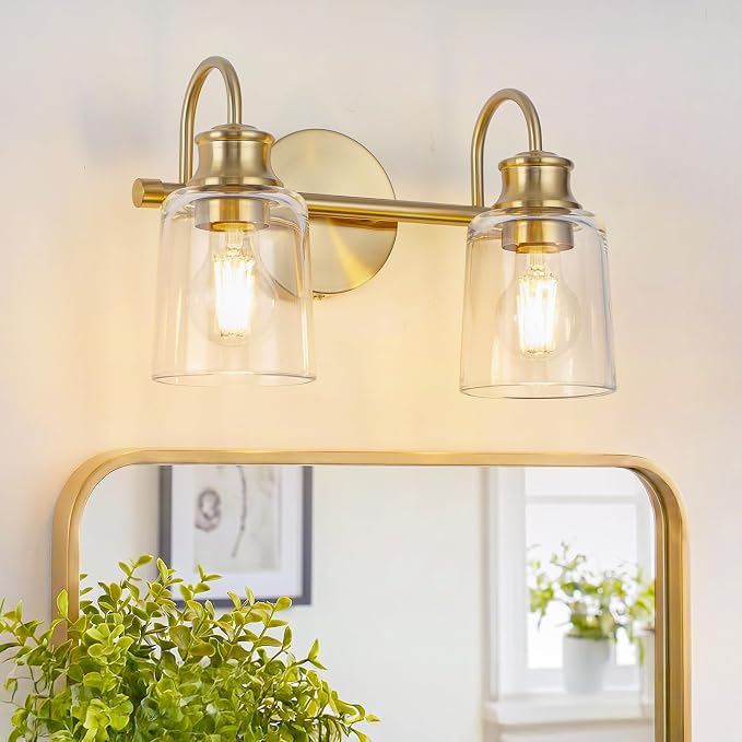 2 Lights Bathroom Light Fixtures Modern Gold Vanity Lights | ETL Certificate, Easy to Install,Wall Mount Up or Down,Thickened Glass Lampshade,E26 Socket,Hardwired
