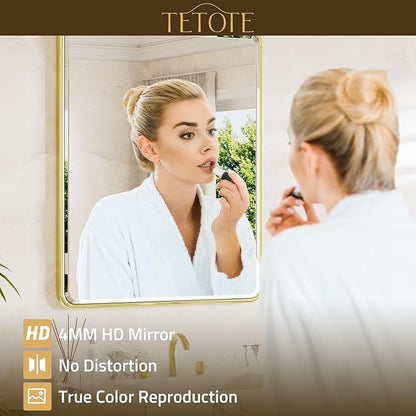 Brushed Gold Vanity Mirror for Bathroom 40 x 30 Beveled Edge Tempered Glass, Rounded Corner Rectangle Wall Mirror for Modern Bathroom, Living Room, Bedroom, Entryway