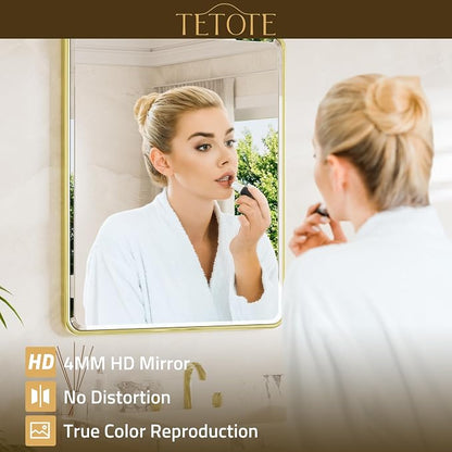 Brushed Gold Mirrors for Wall 30 x 36 Beveled Edge Tempered Glass, Rounded Corner Rectangle Framed Mirror for Modern Bathroom, Living Room, Bedroom, Entryway