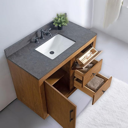 Vanity Art 42" Bathroom Vanity with Sink, Solid Poplar Wood, Vanity Cabinet with Doors and Shelf, Modern Wood Bathroom Vanity with Black Marble Top, 3 Right Functioning Drawer, VA70-42-T-B