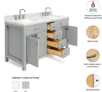 ARIEL Bristol 60-inch Bathroom Vanity with Sink,Solid Wood, 1.5-inch Pure White Quartz Countertop & Backsplash, Double Rectangular Porcelain Sink, 4 Soft Closing Doors, 3 Dovetail Drawers, Grey