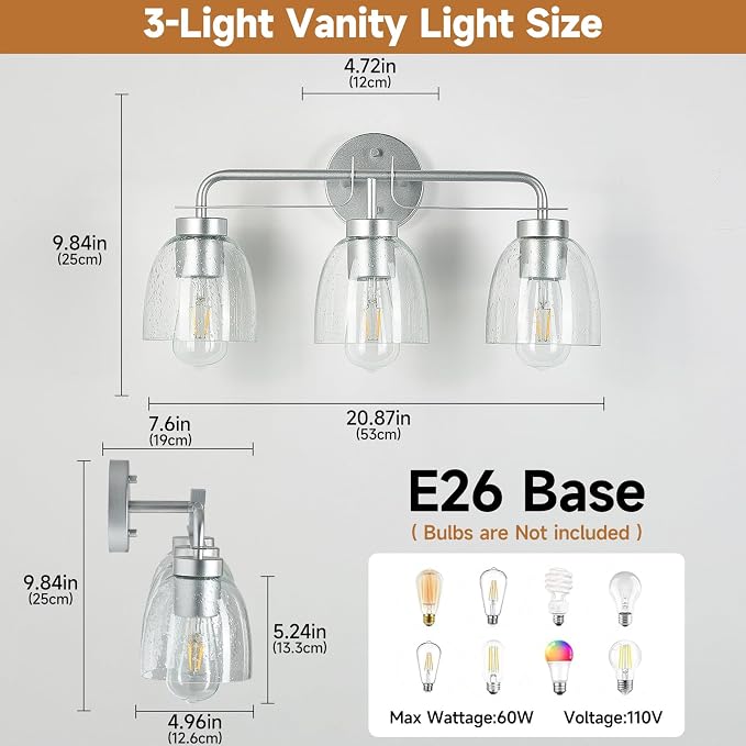 21 Inch Vanity Lights, 3-Light Silver Vintage Industrial Bathroom Light Fixtures with Bell Bubble Glass Shade, Wall Sconce for Bathroom Mirror, Bedroom, Hallway